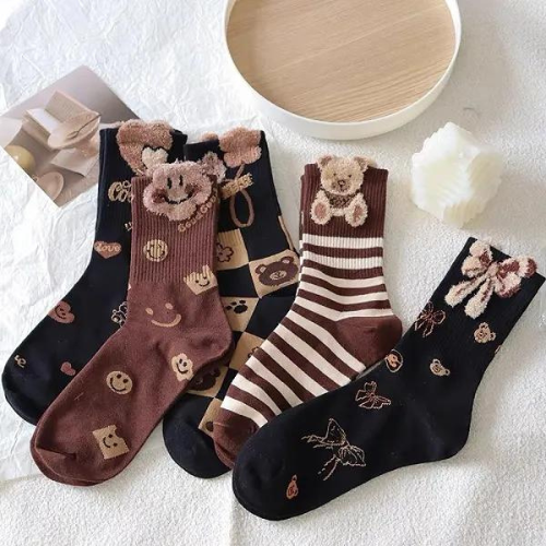 Soft Cotton Thin Fabric Cute Cartoon Women Crew Socks 5 Pairs Breathable Girls S