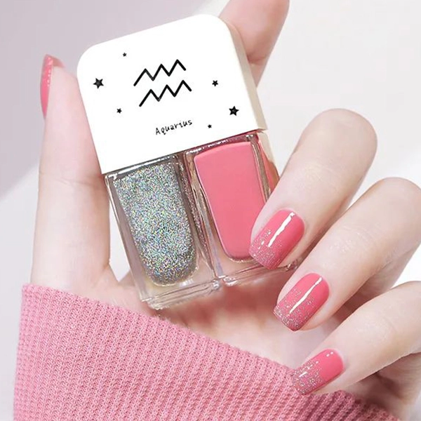 2 in 1 Glittery Water Proof High Quality Pink Color Nail Polish