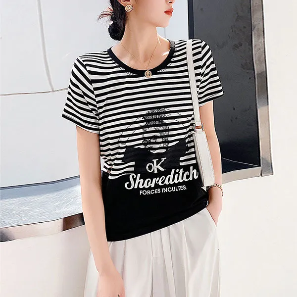Stripes Letter Pattern Soft Fabric Crew Neck Short Sleeves Casual Wear T-Shirt