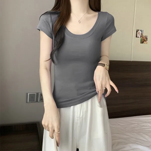 Ladies Tops Shirt Stylish Round Neck Women T-shirt Girls Plain Color Elastic Gra