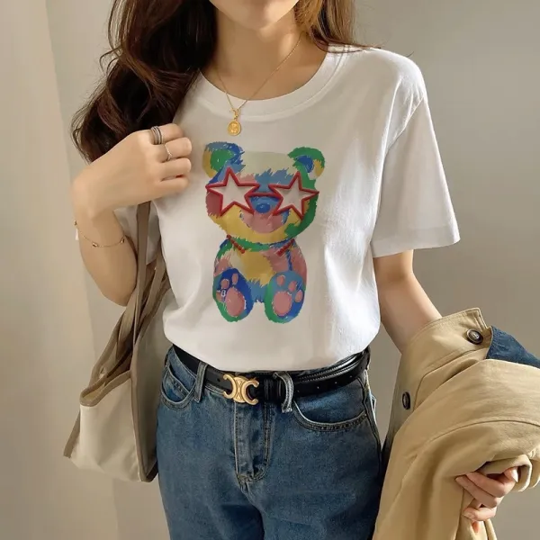 Cute Bear Print Crew Neck Short Sleeves Soft Fabric Casual Wear Women Top T-Shir