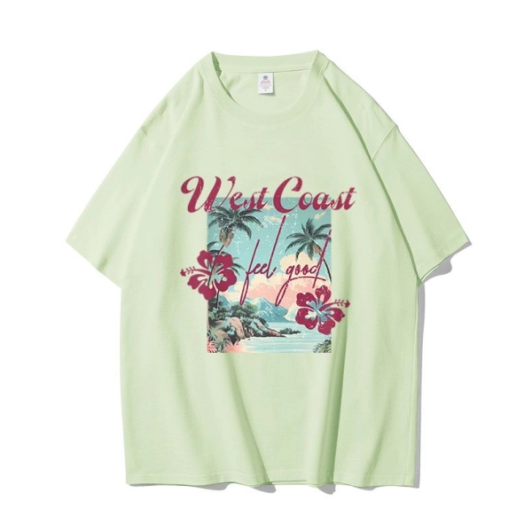 Crew Neck Beach Graphic Stylish Soft Cotton Tee Drop Shoulder Short Sleeves Comf