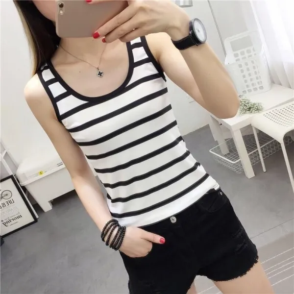 Stripes Pattern Round Neck Sleeveless Premium Soft Fabric White Color Women Tank