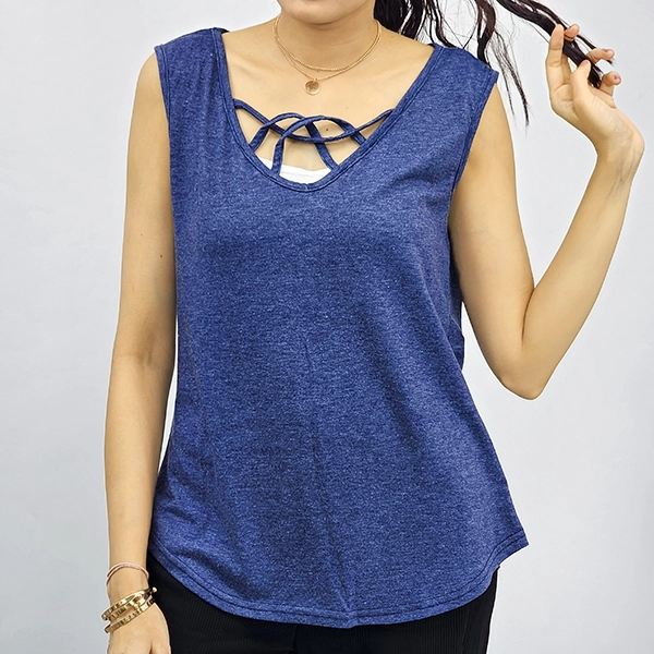 V-Neck Criss Cross Sleeveless Tank Top in Dark Blue for Women
