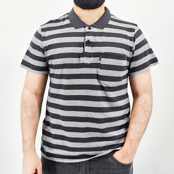 Striped Polo Shirt for Men Summer Fashion Top - Gray Short Sleeves - Casual Wear