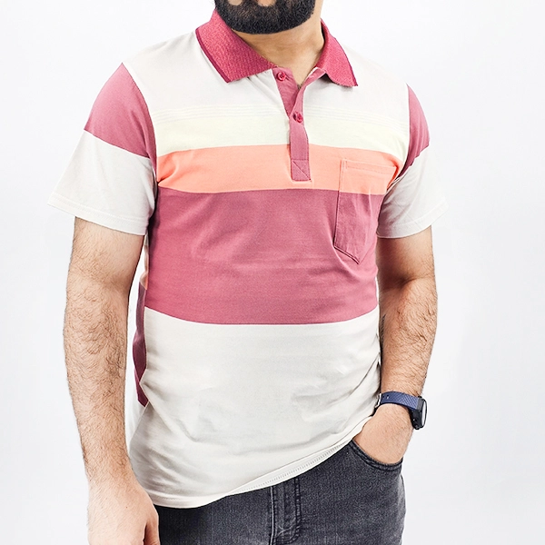 Men's Striped Polo T-Shirt - Pink Short Sleeves