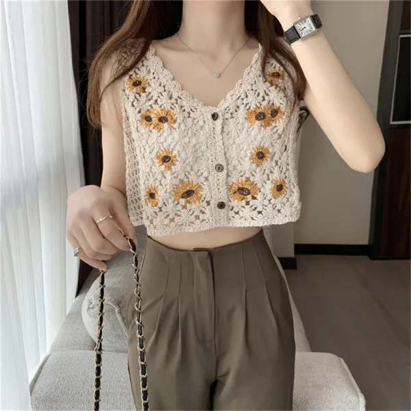 Sunflower Embroidered Cotton Sleeveless Knitted Crop Tops French Style Beach Sum