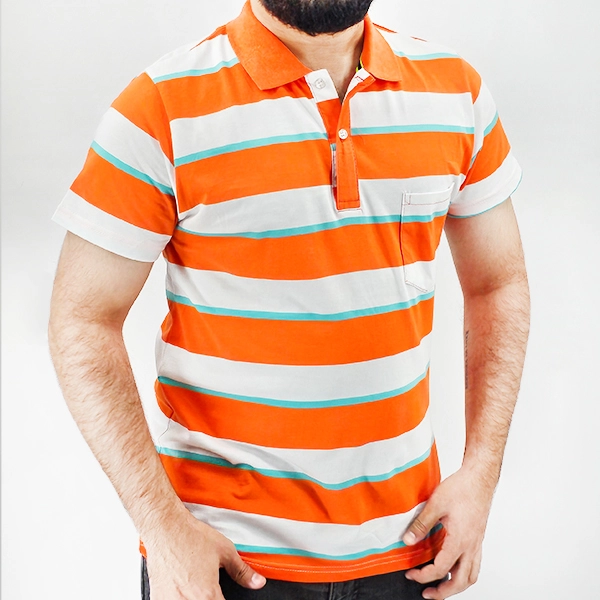 Orange Stripes Polo Collar T-Shirt - Men's Fashion - Baggy Style - Half Sleeves