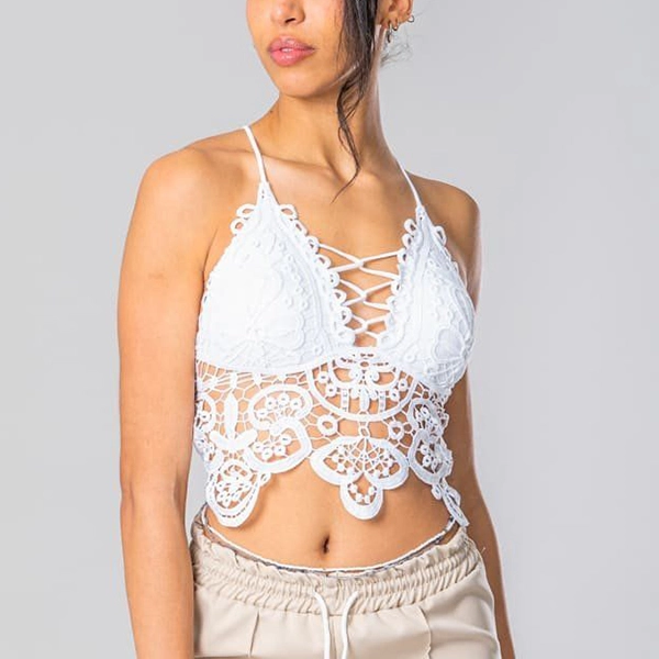 Lace Floral Padded Bra - Hollow Out Design Spaghetti Strap Crop Top for Women