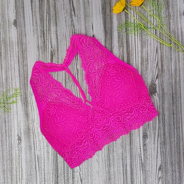 Hot Pink Lace Floral Bra | Full Coverage Crop Top | Gym Yoga Shapewear | Women's