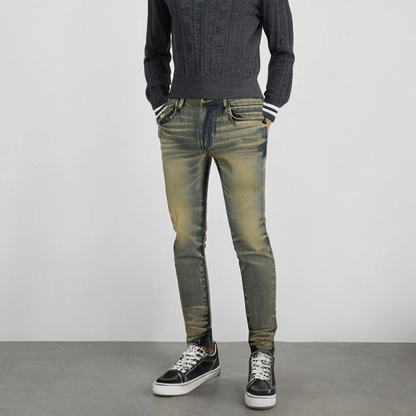 Vintage Denim Pants Stretch High Waist Slim Fit Ankle-length Jeans for Men