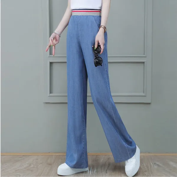 Colorful Stripes Elastic Waist Denim Wide Leg Women Jeans Double Pocket Loose Dr