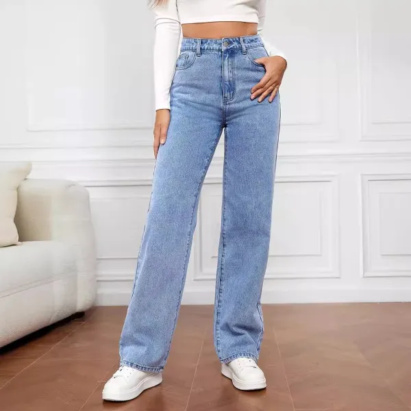 Blue Color High Waist Button Closure Straight Leg Denim Jeans For Women