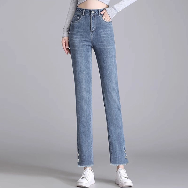 Women's Denim High Waist Button Closure Pant Jeans in Solid Blue