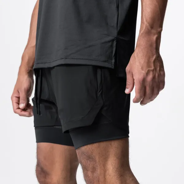 Men Quick Drying Breathable Fitness Black Running Shorts Pockets Double Layer Ny