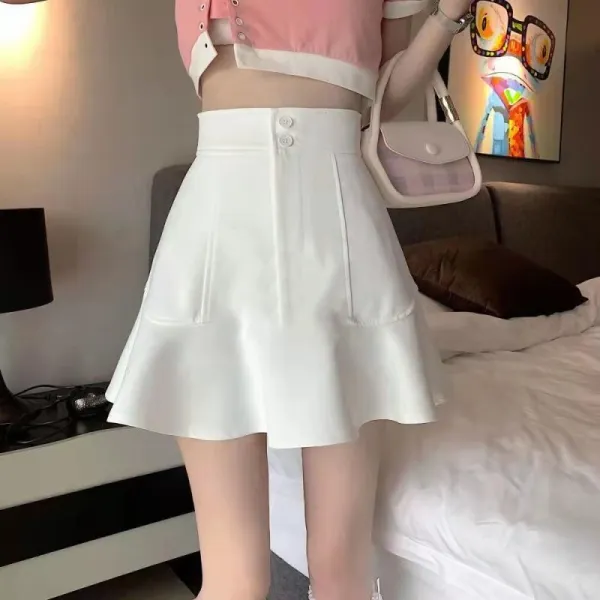 White Retro Flared A-Line Button Closure Short Skirt for Women
