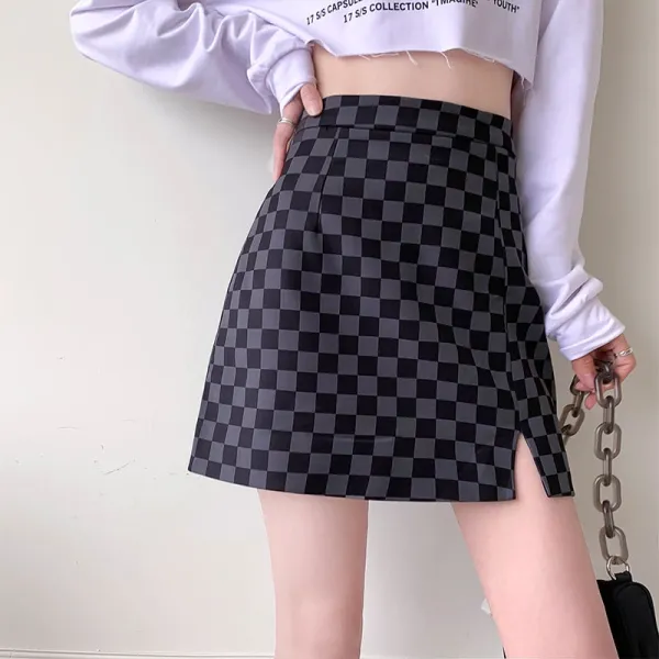 Black Checkered Print Split Hem Zipper Skirt