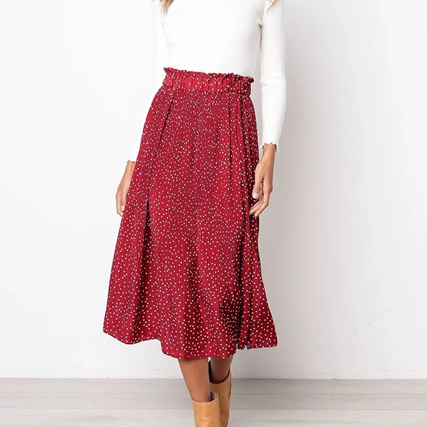 Elegant Red Polka Dot Pleated A-Line Midi Skirt
