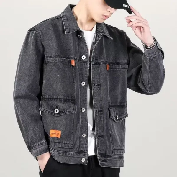 Men's Black Denim Jacket - Multi Pocket Collar Neck Full Sleeves Button-Up Closu