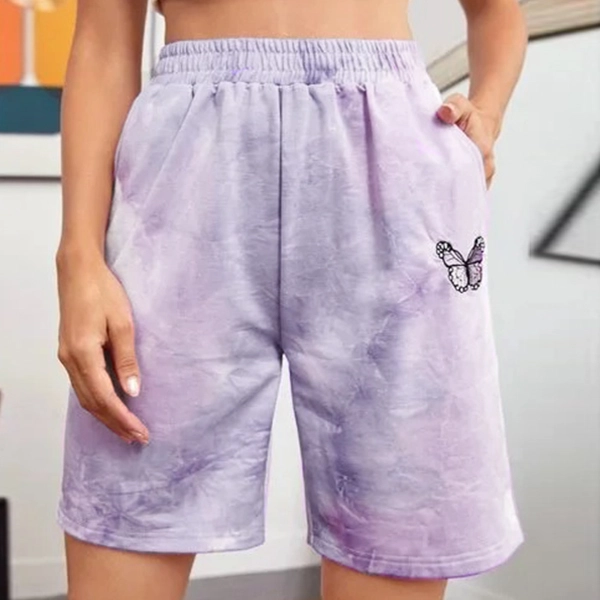 Embroidery Butterfly Print Lavender Tie Dye Elastic Waist Casual Wear Sweats Sho