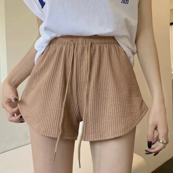 Brown Ribbed Elastic Waist Casual Women's Shorts with Drawstring