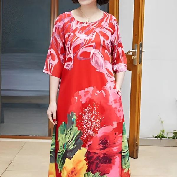 Multi Design Print Round Neck Half Sleeves Casual Wear Red Dress For Women