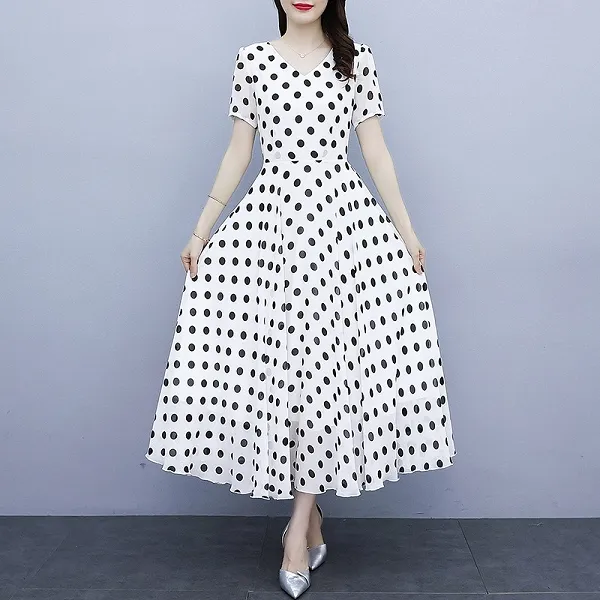Polka Dots Print V Neck Women Casual Dress Short Sleeves Pleated Waist A-Line Fa