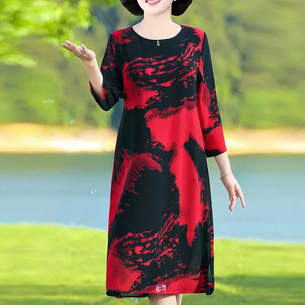 Ink Splash Print Long Sleeves Women Casual Dresses Round Neck Side Split Hem Loo
