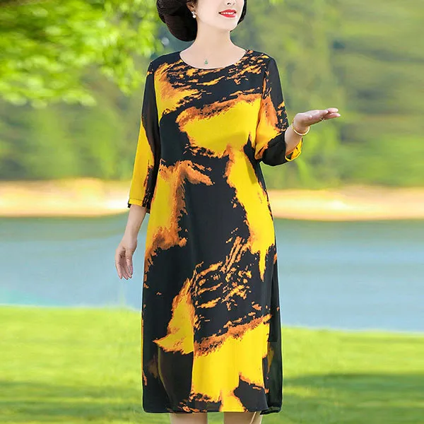 Ink Splash Print Long Sleeves Women Casual Dresses Round Neck Side Split Hem Loo