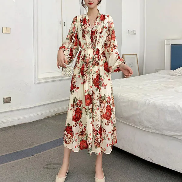 Rose Pattern V Neck Long Puff Sleeves Waist String Closure Casual Wear Midi Dres