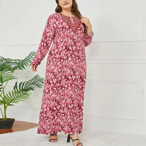 Bohemian Floral Pattern Full Sleeves Formal Casual Wear Women Abaya Style Plus S