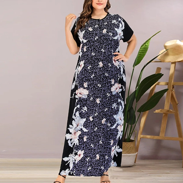 Plus Size Floral Print Short Sleeves Women Abaya Formal Casual Wear Long Maxi Dr