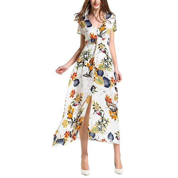 Multi Floral Pattern V Neck Short Sleeves Women Casual Wear Midi Dress