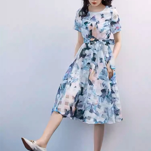 Random Print Round Neck Short Sleeves Women Casual Wear Mini A-Line Belted Dress