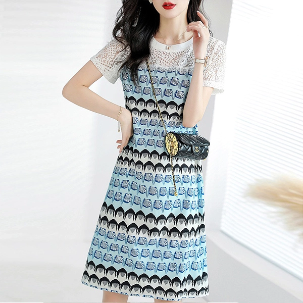 Random Design Lace Floral Crew Neck Short Sleeves Women Casual Mini Bodycon Dres