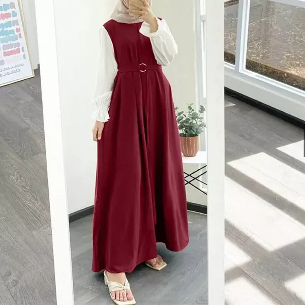 Muslim Women Claret Red Abaya Dress, A Line Patchwork Long Maxi Dress, Long Slee