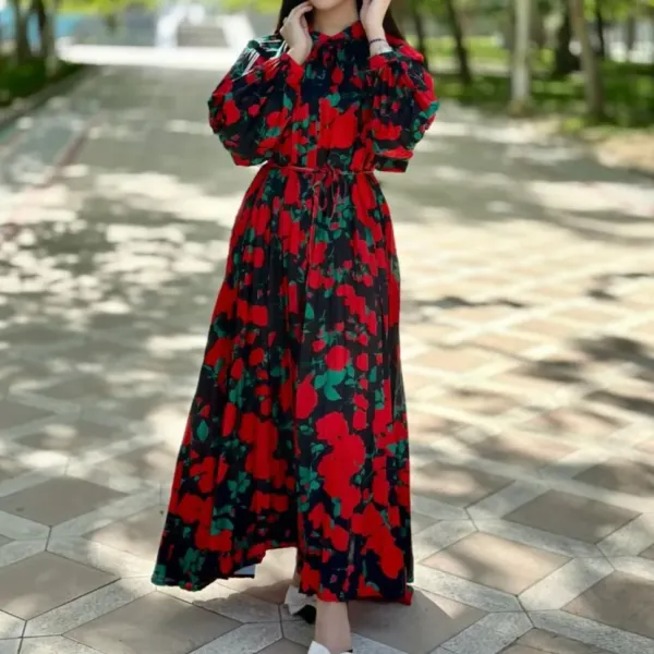 Retro Floral Printed Stand Collar Full Sleeves Split Design Long Maxi DORBE Abay