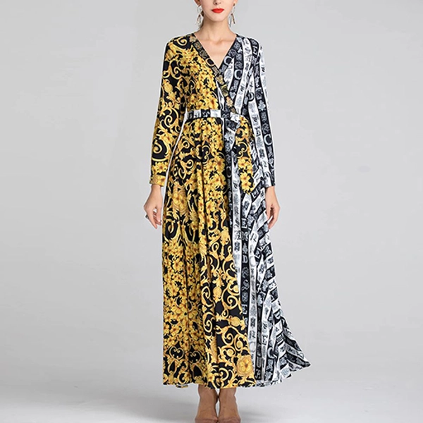 V Neck Mandala Print Full Sleeves Formal Wear A-Line Long Maxi Dress - Yellow
