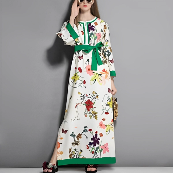 Retro Floral Pattern Round Neck Full Sleeves Split Design Maxi Belted Green Dres
