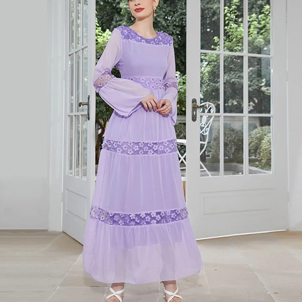 Floral Layer Design Round Neck Full Sleeves Tulle Overlay Maxi Charming Abaya Dr