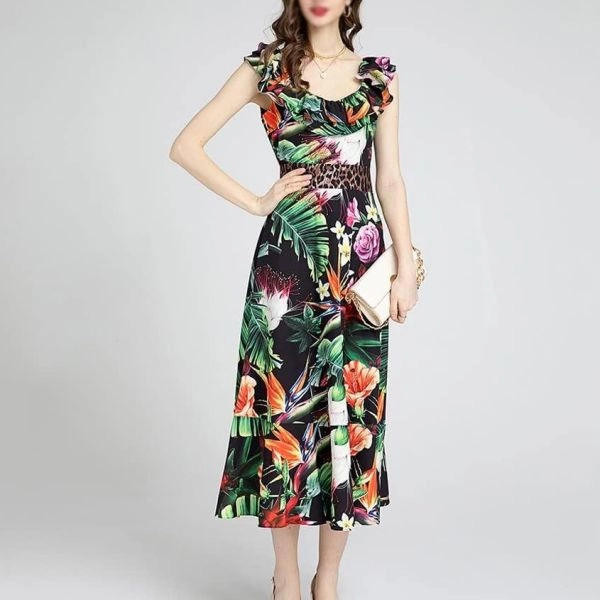 Multi Floral Printed Ruffle Scoop Neck Women Maxi A-Line Sleeveless Dress