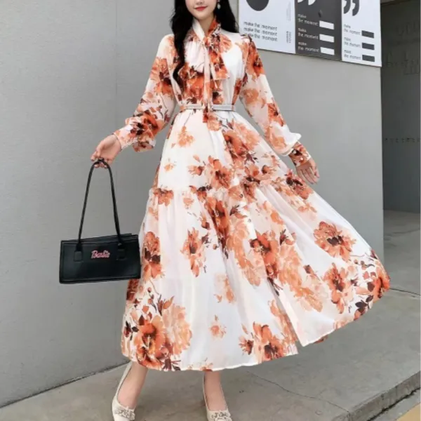 Floral Print Bow Neck Full Sleeves Button-Up Ruffle Layered Maxi Belted Dress