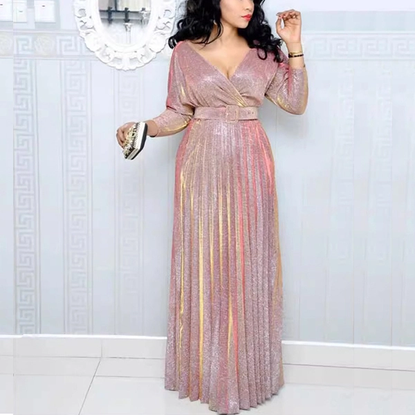 Shiny Design Pleated Hem Maxi Party Dress Long Sleeves Wrap V Neck Belt Waist Co