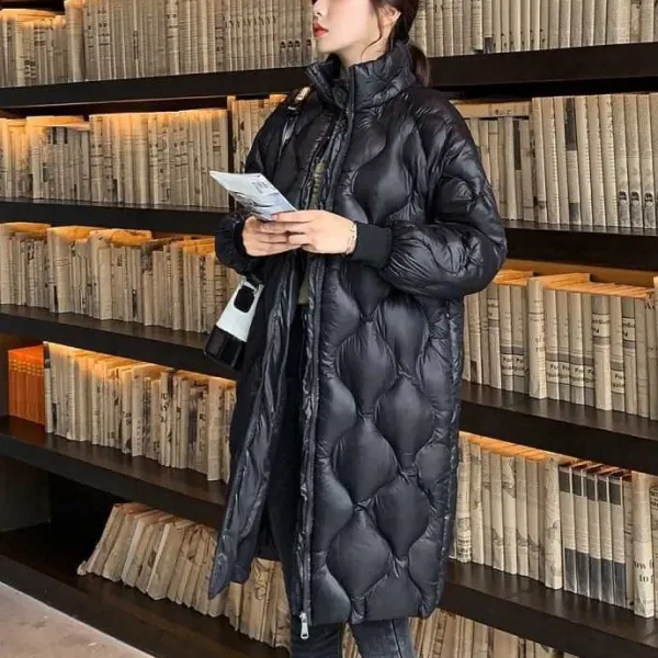 Quilted Black Winter Long Jacket Stylish Zip-Up Coat Stand Collar Thick Warm Out