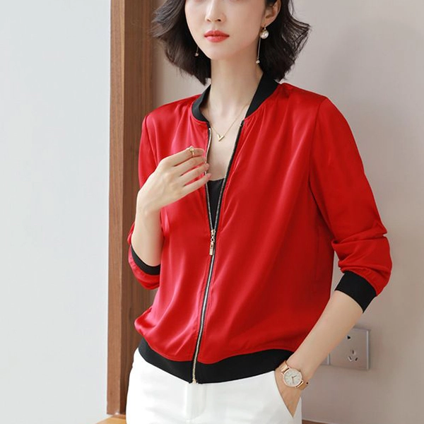 Red Stand Collar Jacket with Quarter Sleeves - Stylish Women's Windbreaker (Slim