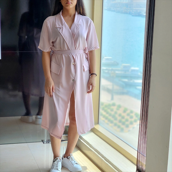 Stylish Women's Pink Long Cardigan with Waist Strap Jacket