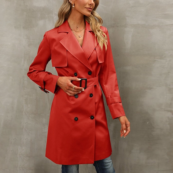 Lapel Neck Full Sleeves Office Formal Wear Button Closure Trench Coat Women Belt