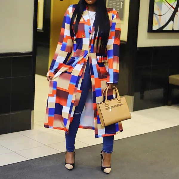 Plaid Hooded Trench Coat with Buckle Closure - Orange