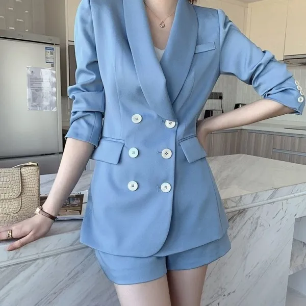 Lapel Neck Long Sleeves Top Blazer Coat Ladies Summer Fashion Shorts 3 Pieces Fo
