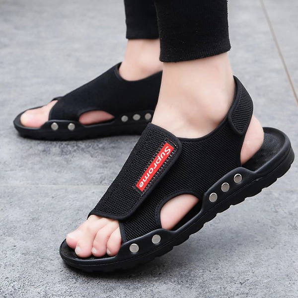 Breathable Mesh Fabric Flat Bottom Men Sandals Letters Patch Velcro Closure Non